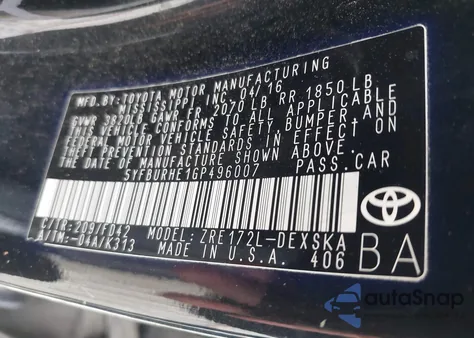 2016 Toyota Corolla S Plus из США, поврежденный, VIN 5YFBURHE1GP496007